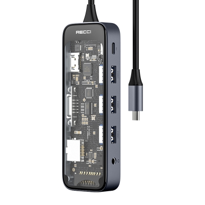 RECCI锐思RH22十合一HUB数据线转接口Type-C TO HDMI+1xVGA+ USB-A+USB-C+RJ45+1xSD+ 1xTF
